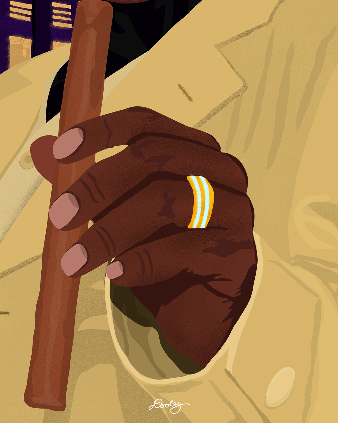 A zoomed in photo of Bernie Mac's hand holding a cigar to show the detail the illustration