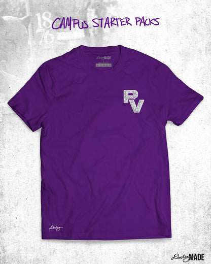 The image features a purple t-shirt with a diamond patterned "PV" logo on the left chest area, made up of a pattern that appears to be a white or light grey texture.The background of the image has a faint, textured appearance with the words "CAMPUS STARTER PACKS" written at the top in a handwritten style. The lower right corner features the "Dooley Made" cursive font logo.