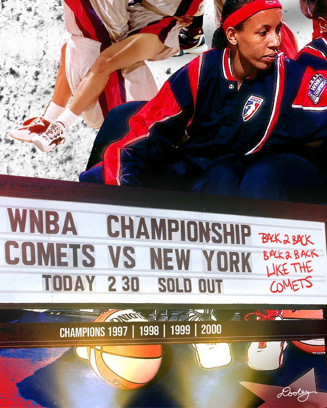 A collage made by Dooley Made  that celebrates the Houston Comets' dominance in the WNBA, highlighting their four consecutive championships from 1997 to 2000. The composition features key players, including Cynthia Cooper, Sheryl Swoopes, and Tina Thompson, in action and celebratory moments. A large WNBA championship ring is central, symbolizing their legacy. A newspaper clipping with the bold headline "This reign won’t stop" reinforces their dynasty status. 