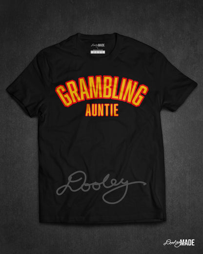 A black "Grambling Auntie" shirt with arched wording in gold and black.