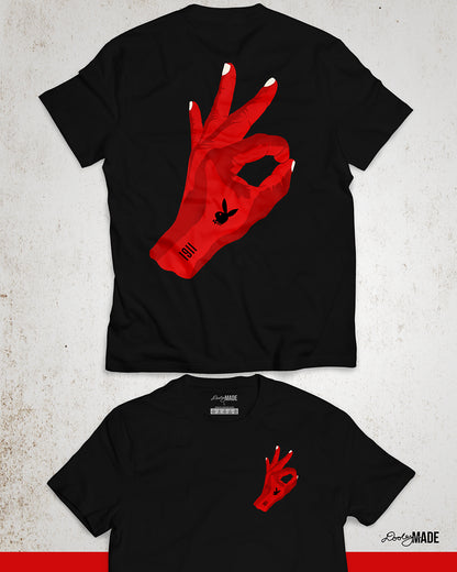 An image of a black Kappa Alpha Psi Fraternity, Inc. shirt featuring a large red hand drawn Yo hand sign. There is a bunny and 1911 on the hand in black.