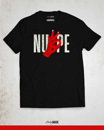 An image of a black Kappa Alpha Psi Fraternity, Inc. shirt featuring a large red hand drawn Yo hand sign in front of the word "Nupe". There is a bunny and 1911 on the hand in black.