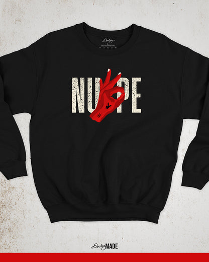 An image of a black Kappa Alpha Psi Fraternity, Inc. crewneck sweater featuring a large red hand drawn Yo hand sign in front of the word "Nupe". There is a bunny and 1911 on the hand in black.