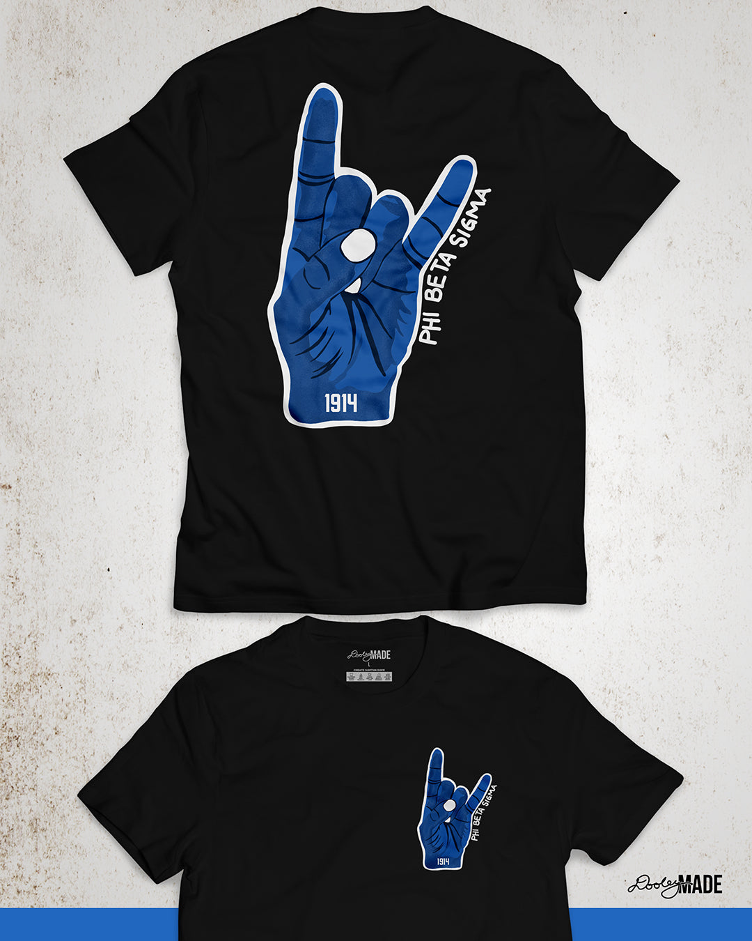 An image of a black Phi Beta Sigma Fraternity, Inc. Shirt featuring a large Sigma Hand Sign on the back and on the front left chest. 1914 is written on the wrist in bold black font and "Phi Beta Sigma" is written in along the side in a handwritten font.