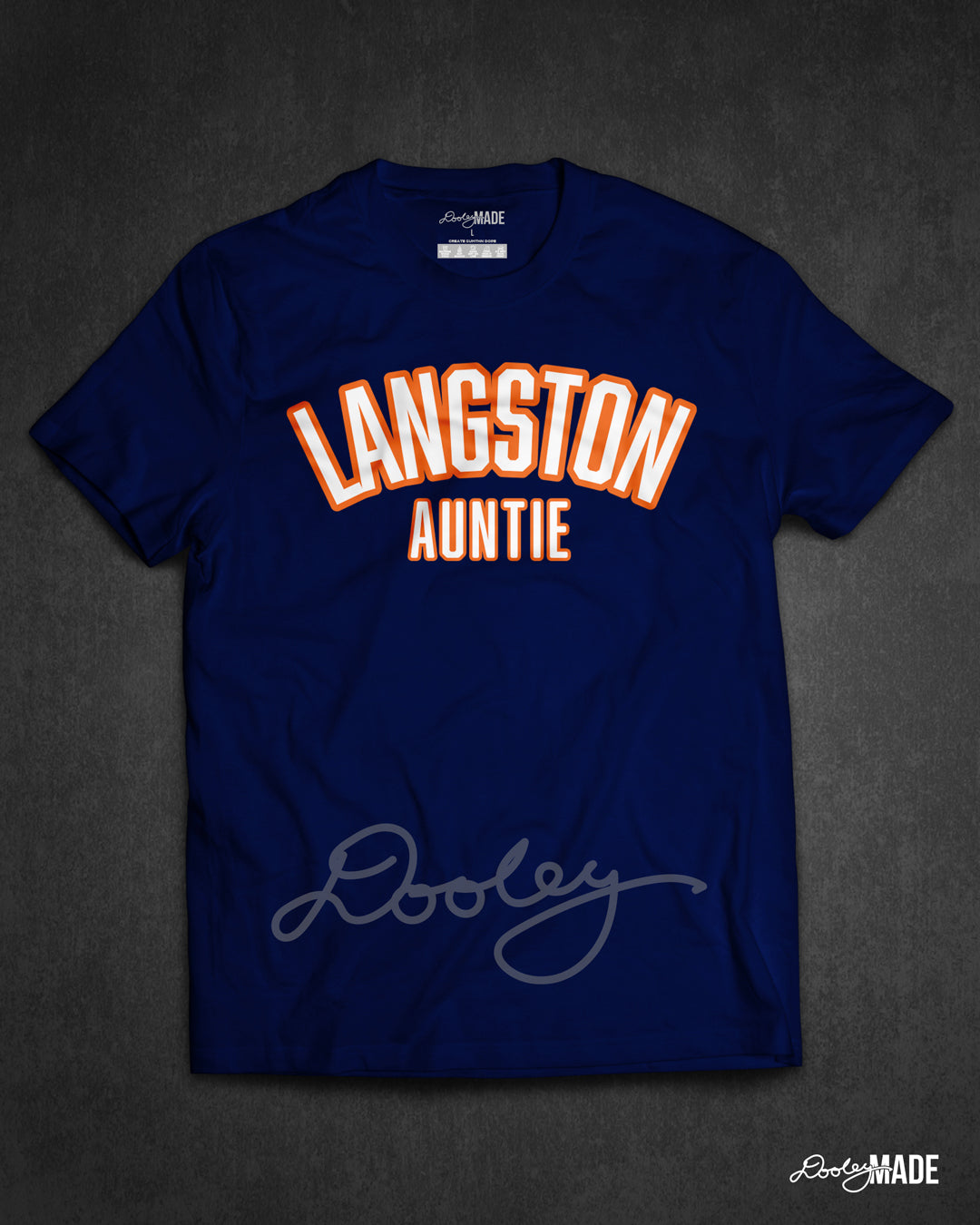 A navy blue "Langston Auntie" shirt with arched wording in white and orange.