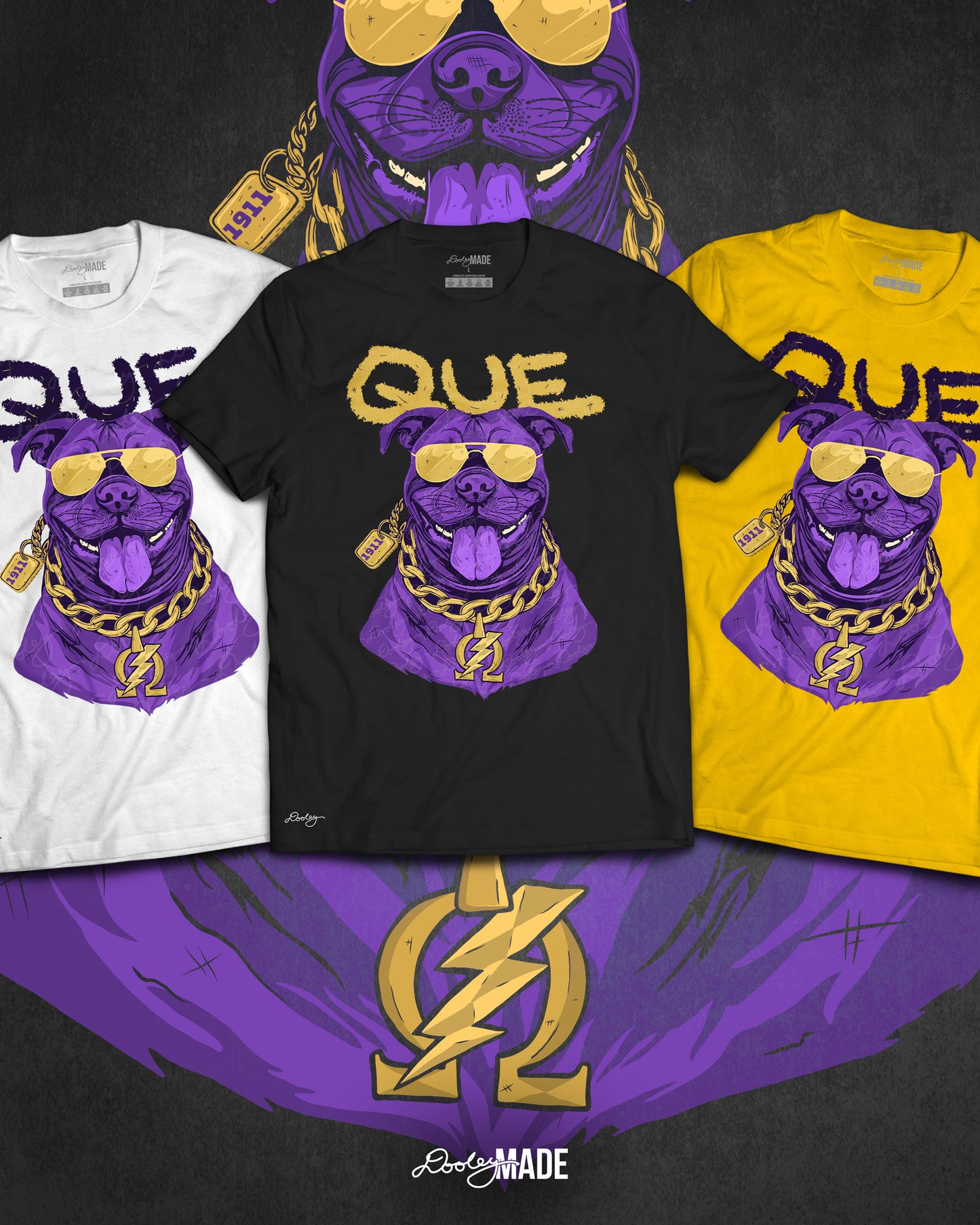 A photo showing 3 separate white, black, and gold shirt with a graphic of an Omega Psi Phi themed Pit Bull Dog wearing gold aviator sunglasses and a gold Omega Psi Phi necklace.