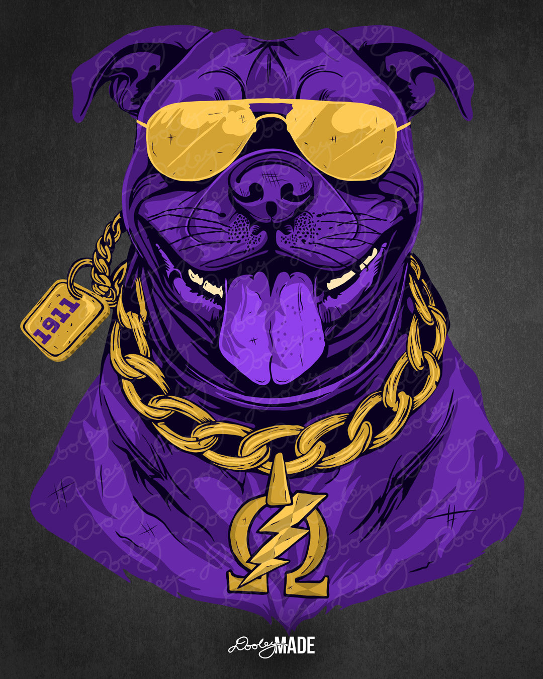 A graphic of an Omega Psi Phi Pit Bull Dog wearing gold aviator sunglasses and a gold Omega necklace.