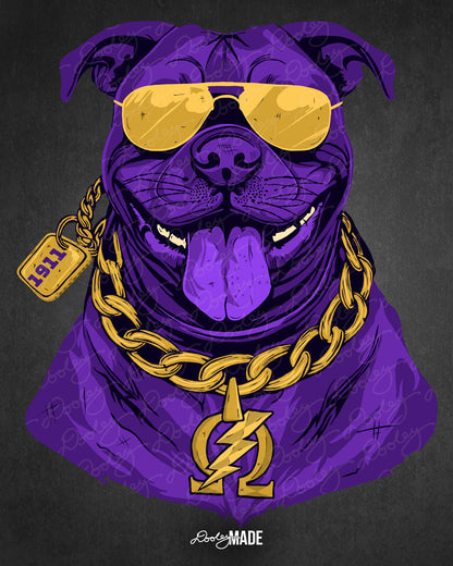 A graphic of an Omega Psi Phi Pit Bull Dog wearing gold aviator sunglasses and a gold Omega necklace.