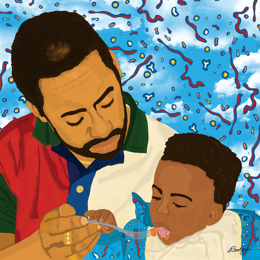 This image titled "Fatherhood In '91" is a vibrant illustration of a father lovingly feeding his young child. The father, in a red, green, and white shirt, and the child, in blue, are set against a dynamic background of blue sky with red, yellow, and white abstract shapes. This artwork captures the essence of Black fatherhood, conveying deep care and connection.