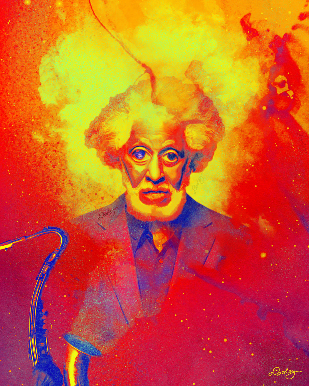 A dreamy artwork of Jazz Saxophonist Sonny Rollins titled "Blowin' Smoke." A saxophone is blowing a hazy smoke cloud that materializes into an image of Sonny Rollins with emphasized facial features. There are blue galaxies and universes within his eyes. The color palette is hues of orange, yellow, gold, red, purple and blue.