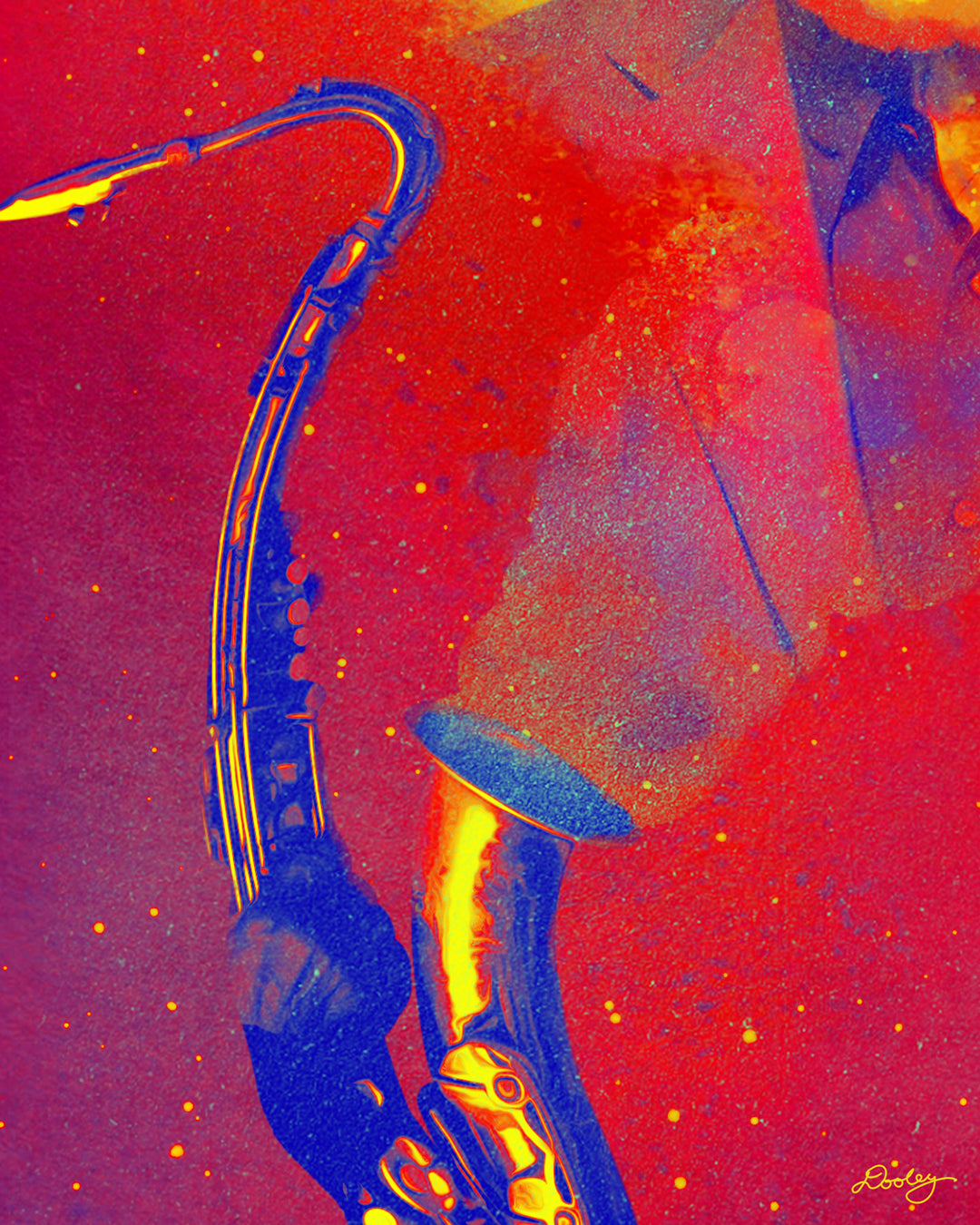 A dreamy artwork of Jazz Saxophonist Sonny Rollins titled "Blowin' Smoke." A saxophone is blowing a hazy smoke cloud that materializes into an image of Sonny Rollins. The color palette is hues of orange, yellow, gold, red, purple and blue.