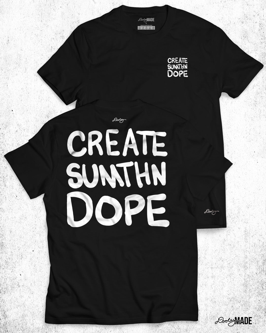 Image of a black shirt’s front and back. The front of the shirt has an illustration with a motivational theme “CREATE SUMTHN DOPE” written in bold, hand drawn letters across a sun on the Left chest. It features a large orange and yellow sun with rays emanating from it, set against with fluffy blue clouds. On the back,CREATE SUMTHN DOPE is in big, bold white letters with the sun illustration covering the “O” in DOPE.