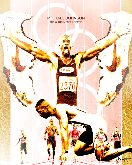 Commemorative artwork of Micheal Johnson’s record-breaking Track and Field performance at the 1996 Olympic Games titled “The Fastest Man.” It features the athlete with his arms outstretched celebrating, the famous golden track and field spikes that he wore, him leading in the final stretch of the race, and him in the block prior to a race beginning. The color pallete is white, red, black, with golden accents. 