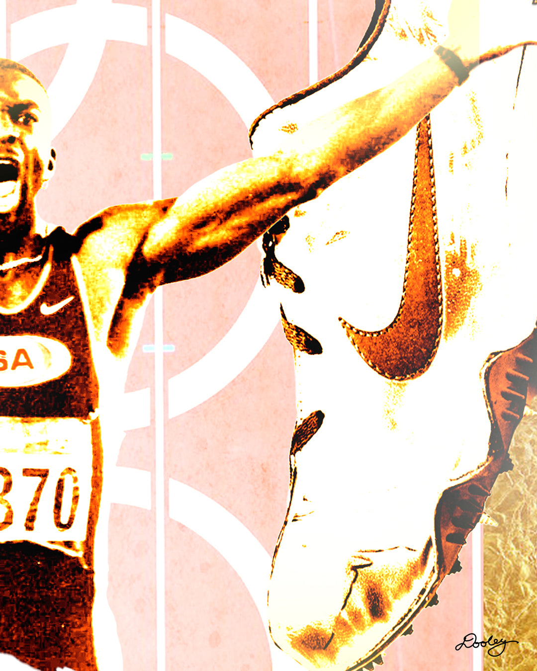 Zoomed photo of artwork titled “The Fastest Man” containing the famous golden track and field spikes that Micheal Johnson’s wore during his record-breaking Track and Field performance at the 1996 Olympic Games.