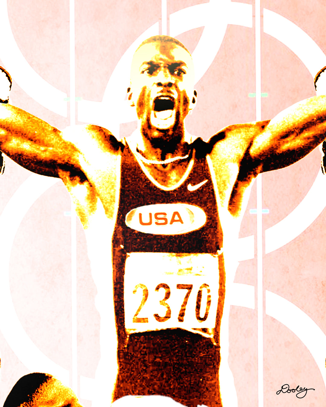 Zoomed photo of artwork titled “The Fastest Man”  of Micheal Johnson with his arms outstretched celebrating a victory after his record-breaking Track and Field performance at the 1996 Olympic Games.