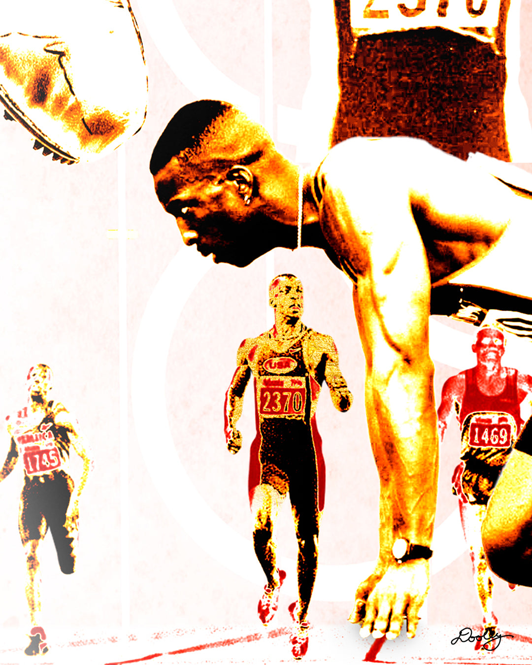 Zoomed photo of artwork titled “The Fastest Man”  of Micheal Johnson in the block prior to a race beginning and him leading in the final stretch of the race