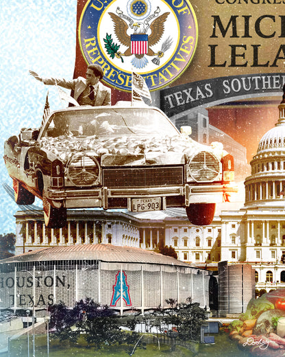 An image showing a portion of a printed collage of Mickey Leland including him waving from the top of a car in a parade, The Houston Astrodome, The U.S. Capitol, and the US House of Representatives symbol.