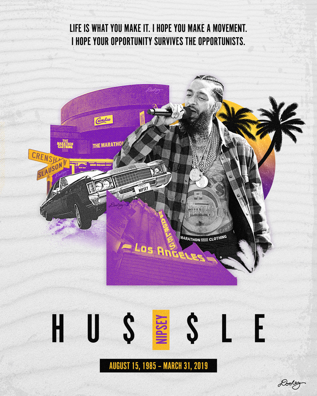 This printed Nipsey Hussle artwork titled "Sunsets on Slauson" features Los Angeles purple and gold, The Marathon store on Slauson, a Chevy with "Nipsey" plates, The Los Angeles Theatre, a sunset, and palm trees. Add a touch of LA to your space with this dope Nipsey Hussle print!