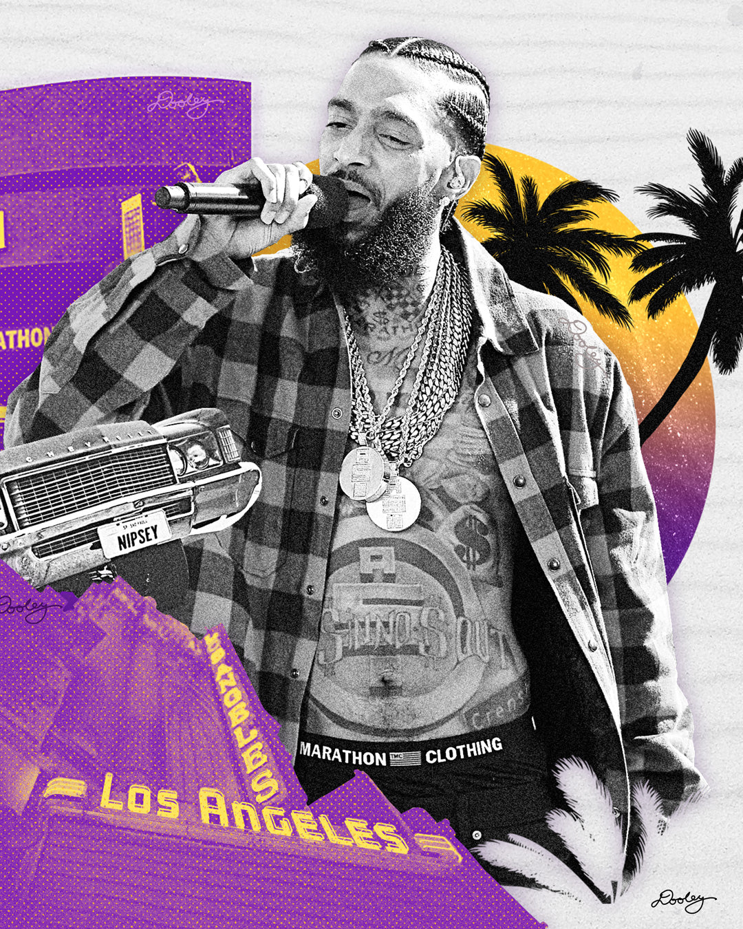 This image shows zoomed in detail of printed Nipsey Hussle artwork titled "Sunsets on Slauson" features Los Angeles purple and gold, The Marathon store on Slauson, a Chevy with "Nipsey" plates, The Los Angeles Theatre, a sunset, and palm trees. Add a touch of LA to your space with this dope Nipsey Hussle print!