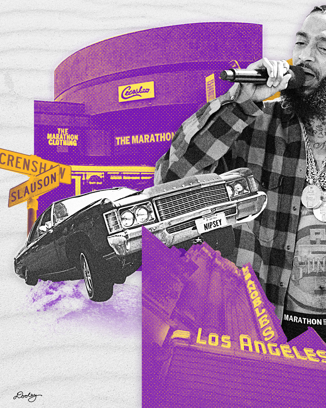 This image shows zoomed in detail of printed Nipsey Hussle artwork titled "Sunsets on Slauson" features Los Angeles purple and gold, The Marathon store on Slauson, a Chevy with "Nipsey" plates, The Los Angeles Theatre, a sunset, and palm trees. Add a touch of LA to your space with this dope Nipsey Hussle print!