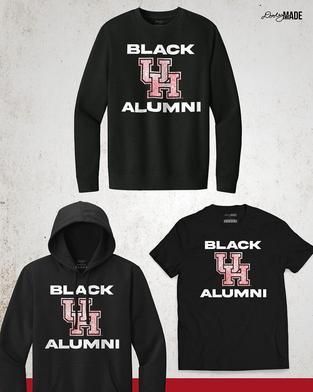 Image showing a variety of "Black UH Alumni" apparel in Crewneck Sweatshirt, Hoodie, and Shirt with bold, white text reading "BLACK ALUMNI" surrounding a speckled red "UH" logo in the center. The design highlights pride and unity for Black Alumni of the University of Houston, presented on a modern and stylish garment perfect for showing school spirit.