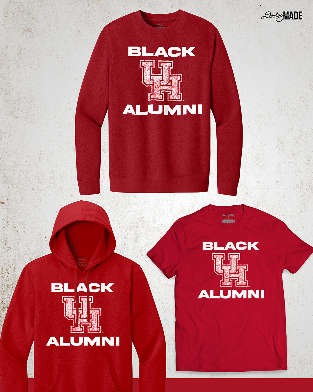 Image showing a variety of "Black UH Alumni" apparel in Crewneck Sweatshirt, Hoodie, and Shirt with bold, white text reading "BLACK ALUMNI" surrounding a speckled red "UH" logo in the center. The design highlights pride and unity for Black Alumni of the University of Houston, presented on a modern and stylish garment perfect for showing school spirit.